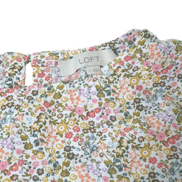 Loft Women Floral Print Blouse Ruffle Sleeves Keyhole Closure Rounded Hem Small - Picture 3 of 5